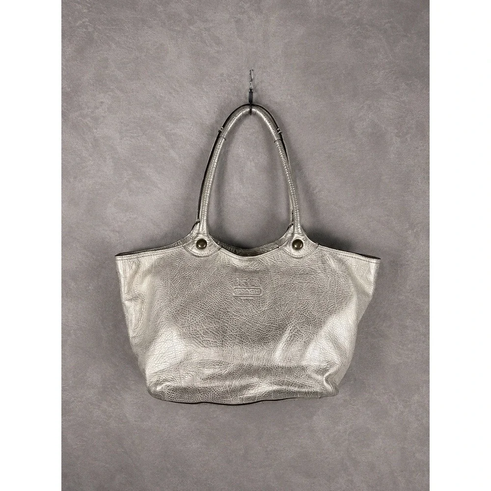 Coach Bleecker Shoulder Tote Bag Metallic Platinum Leather Large Y2K 12496